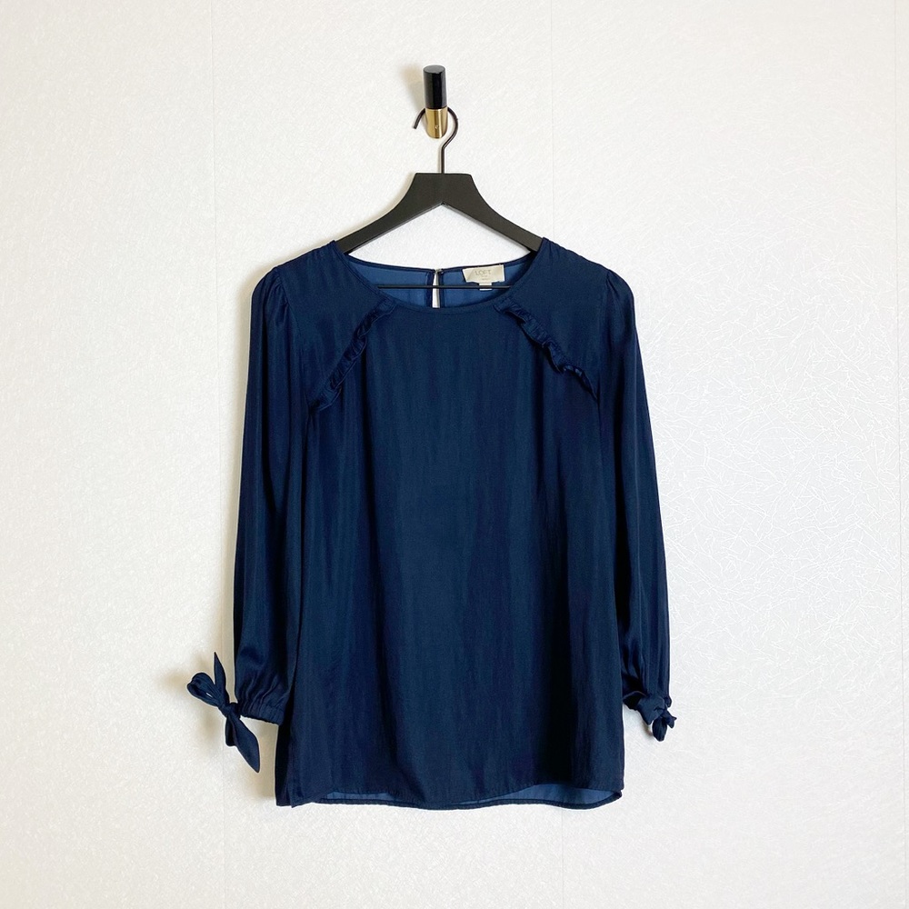 LOFT Petite Blue Ruffle Blouse with Metallic Sheen and Bow Tie Cuffs 3/4 Length